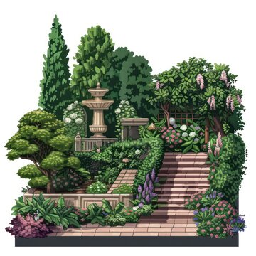 This serene illustration depicts a quiet garden corner with various plants, a fountain, and welcoming stairs surrounded by nature's beauty