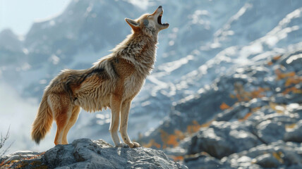A lone coyote howling atop a rocky cliff with snow-covered mountains in the background during sunrise.