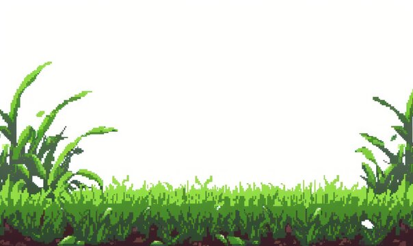 This vibrant image showcases a lush green landscape in pixel art style, with tall grasses and a clear, empty sky, suitable for backgrounds