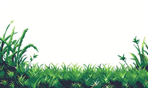 Detailed pixel art of lush green grass creating a natural serene boundary against a clear white background, suitable for variety of design uses