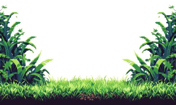 This image features a vibrant and detailed pixel art of a green landscape with grass, plants, and a clear central space It captures the charm of retro gaming
