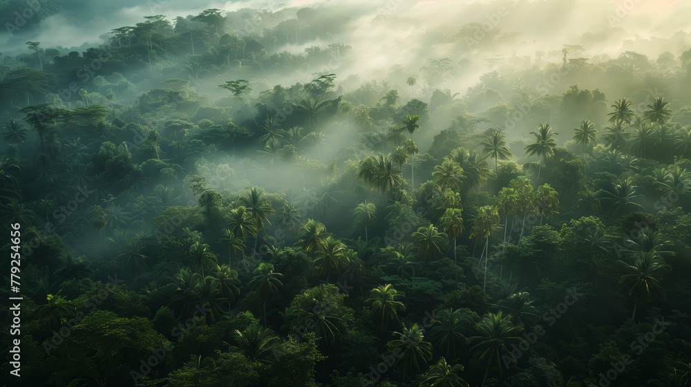Poster a forest with foggy mist and trees. the trees are green and the sky is cloudy