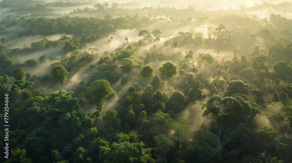 Poster a forest with foggy mist and trees. the trees are green and the sky is cloudy