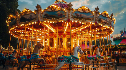 A colorful carousel spinning merrily in a summer carnival.