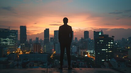Fototapeta na wymiar Confident businessman standing on the building rooftop while looking at the silhouette