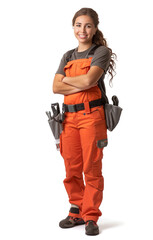A beautiful woman master repairman plumber electrician stands tall in protective work clothing with her arms crossed. He smiles and holds a toolbox. Isolated on white background