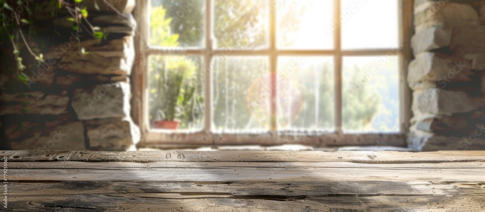 Poster a simple wooden table is placed close to a window, creating a cozy spot for work or relaxation with 