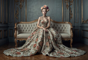 An elegant woman draped in an ornate floral dress sits regally on an antique tufted couch, her hair and body adorned with blooming roses, creating a surreal fusion of human and nature.