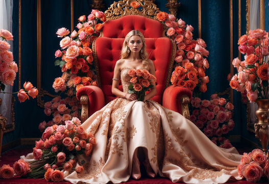 A person in a floral dress sits on an ornate throne, surrounded by flowers. The scene is elegant, highlighting the vibrant flowers and intricate details of the dress and chair.