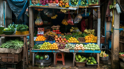 A vibrant market stall overflowing with fresh fruits and vegetables. - obrazy, fototapety, plakaty