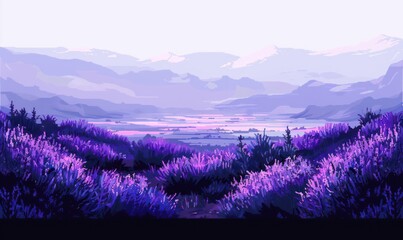 A digital artwork of a tranquil mountain landscape in shades of purple, depicting a serene atmosphere with a lake between