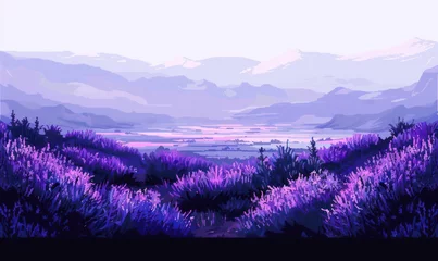 Badkamer foto achterwand Purper A digital artwork of a tranquil mountain landscape in shades of purple, depicting a serene atmosphere with a lake between