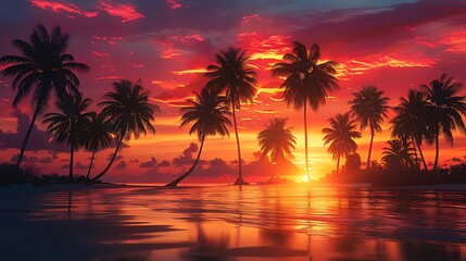 Palm trees silhouettes on tropical beach island at beautiful vivid sunset with clouds AI generated