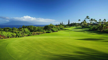 Obraz premium A lush green golf course with a clear blue sky overhead.
