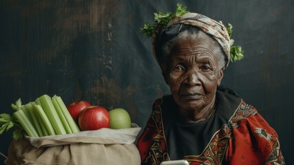 dark-skinned woman orders groceries online. celery, fruits, vegetables. eco bag. order via the Internet. delivery - obrazy, fototapety, plakaty
