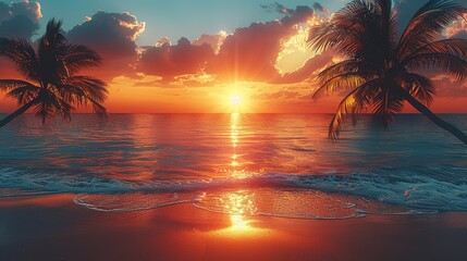 Palm Trees Silhouettes On Tropical Beach At Sunset - Modern Vintage Colors