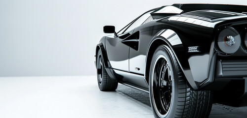 A black sports car with sleek lines and a modern aesthetic, parked against a clean white backdrop,...