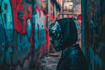 Graffiti Haven: Hushed Narratives from a Faceless Prowler Embodied in a Twilight Cityscape - obrazy, fototapety, plakaty
