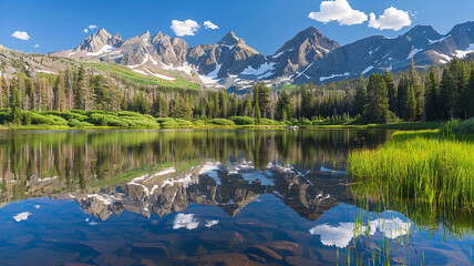 A picturesque mountain lake reflecting the surrounding peaks. - obrazy, fototapety, plakaty