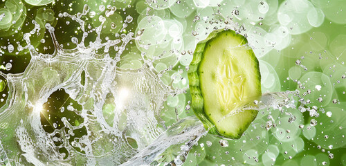A burst of freshness as a slice of cucumber meets a splash of water, against a backdrop of vibrant green, evoking the essence of garden-fresh crispness and hydration - obrazy, fototapety, plakaty