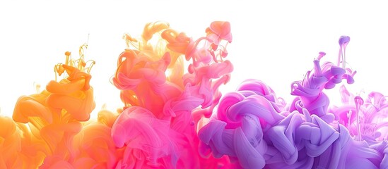 A vibrant display of magenta smoke billows out of the water, creating a stunning artistic event against a crisp white background, resembling a flowering plant in bloom - obrazy, fototapety, plakaty