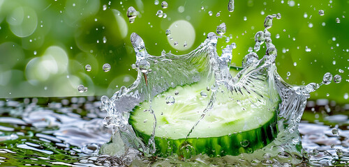 A burst of refreshing water enveloping a succulent slice of cucumber, against a backdrop of vibrant green, evoking the essence of garden-fresh crispness and hydration - obrazy, fototapety, plakaty