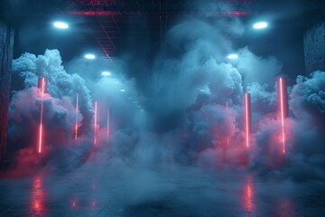 Fototapeta premium An atmospheric image featuring a spacious industrial or warehouse interior bathed in dramatic neon lighting, with smoke or fog adding an eerie quality