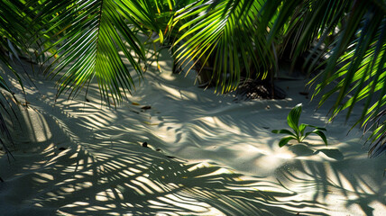 Sunlight filtering through lush green leaves of a palm tree on a sandy beach, casting intricate...