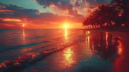 Fototapeta premium Palm Trees Silhouettes On Tropical Beach At Sunset - Modern Vintage Colors