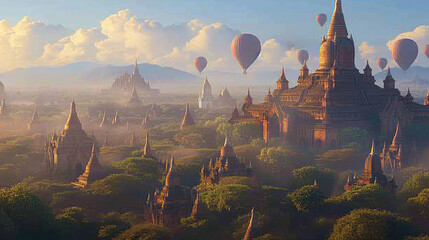 Artistic Representation of Bagan Temples in a Vibrant Scene, Extremely Detailed - obrazy, fototapety, plakaty