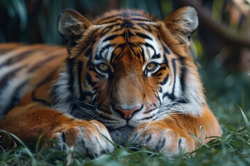 This stunning image features a Bengal tiger lying in green grass, showcasing the magnificent stripes and intense gaze of this apex predator