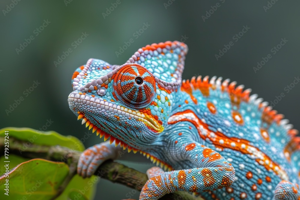 Poster stunning panoramic view of a vibrant chameleon displaying its elaborate pattern and colors on a bran