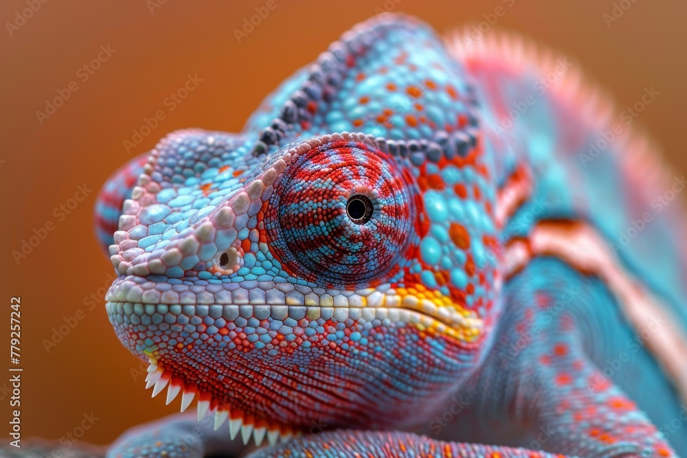Poster close-up profile view of a chameleon showing the intricate scales and intense eye gaze
