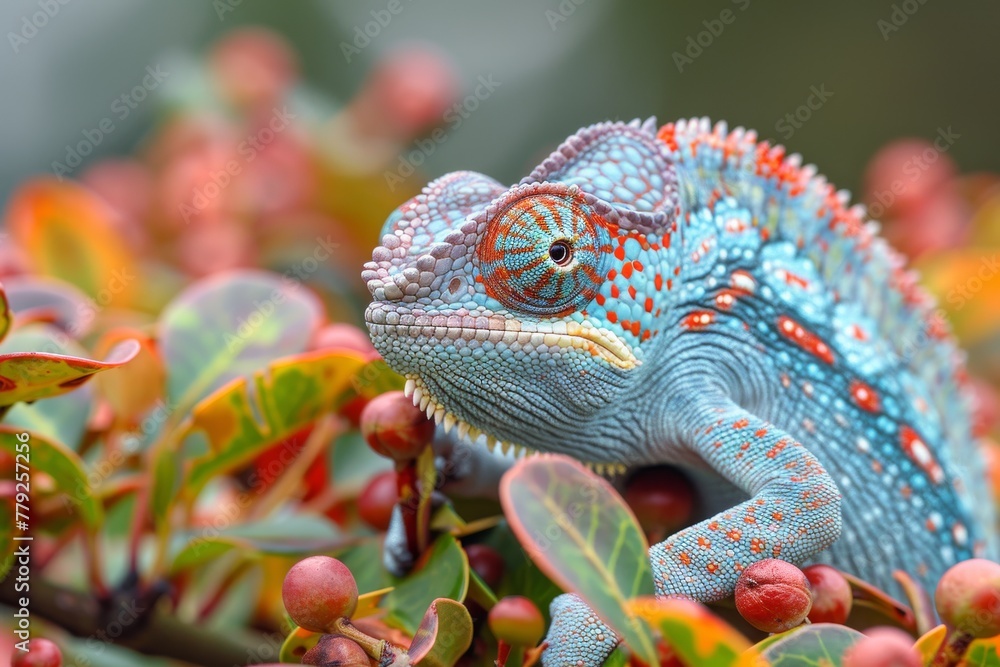 Poster detailed image showcases a chameleon's texture and patterns amidst a backdrop of lush foliage