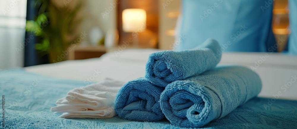 Poster neatly folded towels placed on a bed, with a soft blue pillow in the background creating a cozy and 