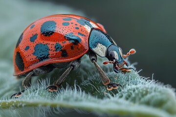 Macro shot of a ladybug with its distinct red shell and black spots crawling on a dew-covered green leaf - Powered by Adobe