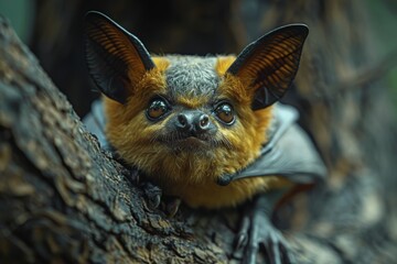 Naklejka na ściany i meble This detailed image captures the intriguing features of a bat with large ears and sharp eyes, nestled in its natural habitat
