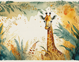 Illustrated Border of Giraffe, Green and Gold Foliage on White Background AI