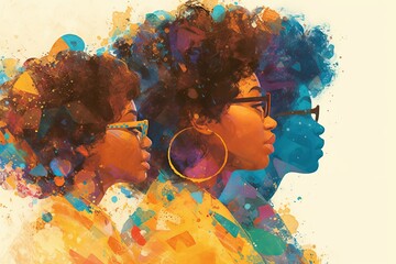 An abstract watercolor illustration of three African American faces in profile, blending into each other with splashes and dots.