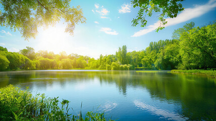 A tranquil lake surrounded by lush greenery under a clear sunny sky.