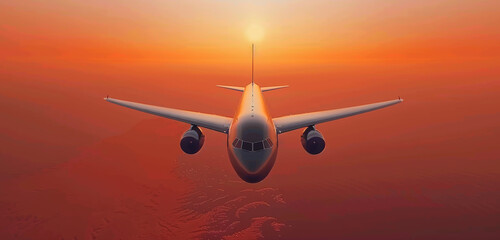 A striking top-down perspective capturing a 3D airplane in flight against an orange horizon,...