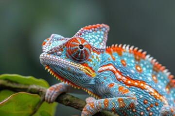 Fototapeta premium Stunning panoramic view of a vibrant chameleon displaying its elaborate pattern and colors on a branch