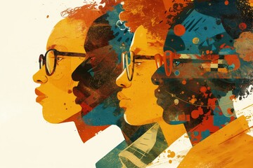 An abstract watercolor illustration of three African American faces in profile, blending into each other with splashes and dots. 