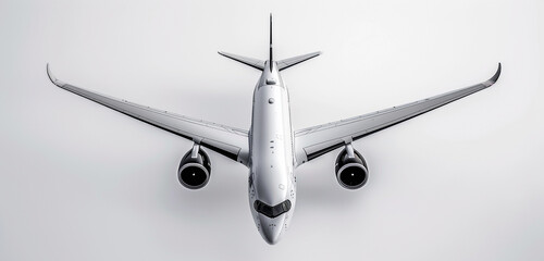 An impressive top view image of a 3D airplane soaring gracefully against a clean white background,...