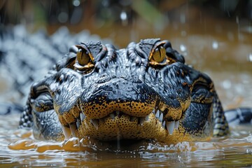 Obraz premium Detailed close-up of an alligator's face as it lurks in murky water, showcasing its powerful jaws and sharp teeth