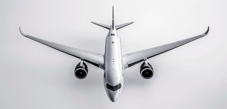 An impressive top view image of a 3D airplane soaring gracefully against a clean white background, highlighting its elegance and aerodynamic shape