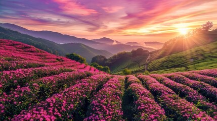 Curved row of tea plantation through the cosmos flowers field with dramatic twilight sky when sunset - obrazy, fototapety, plakaty
