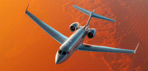 An impressive aerial perspective showcasing a 3D airplane soaring over an orange backdrop,...