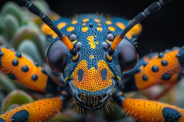 Macro photography showcases the intricate details of an orange-spotted bug's face with a hypnotic gaze - obrazy, fototapety, plakaty