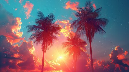 Palm Trees Silhouettes On Tropical Beach At Sunset - Modern Vintage Colors